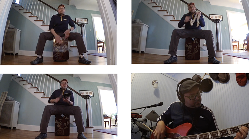 Four images of a person playing different musical instruments